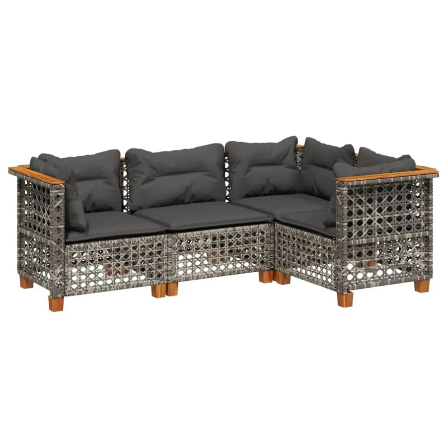 vidaXL 4-tlg Garten-Sofagarnitur in L-Form aus Polyrattan und Akazienholz in Grau mit Kissen und UV-beständigem Polyester - Bild 2
