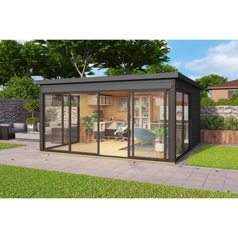 Lasita Holz-Gartenhaus Domeo 5 Flachdach in Carbongrau lasiert mit modernem Design und Blockbohlenbauweise B/T: 418 x 418 cm - Bild 2