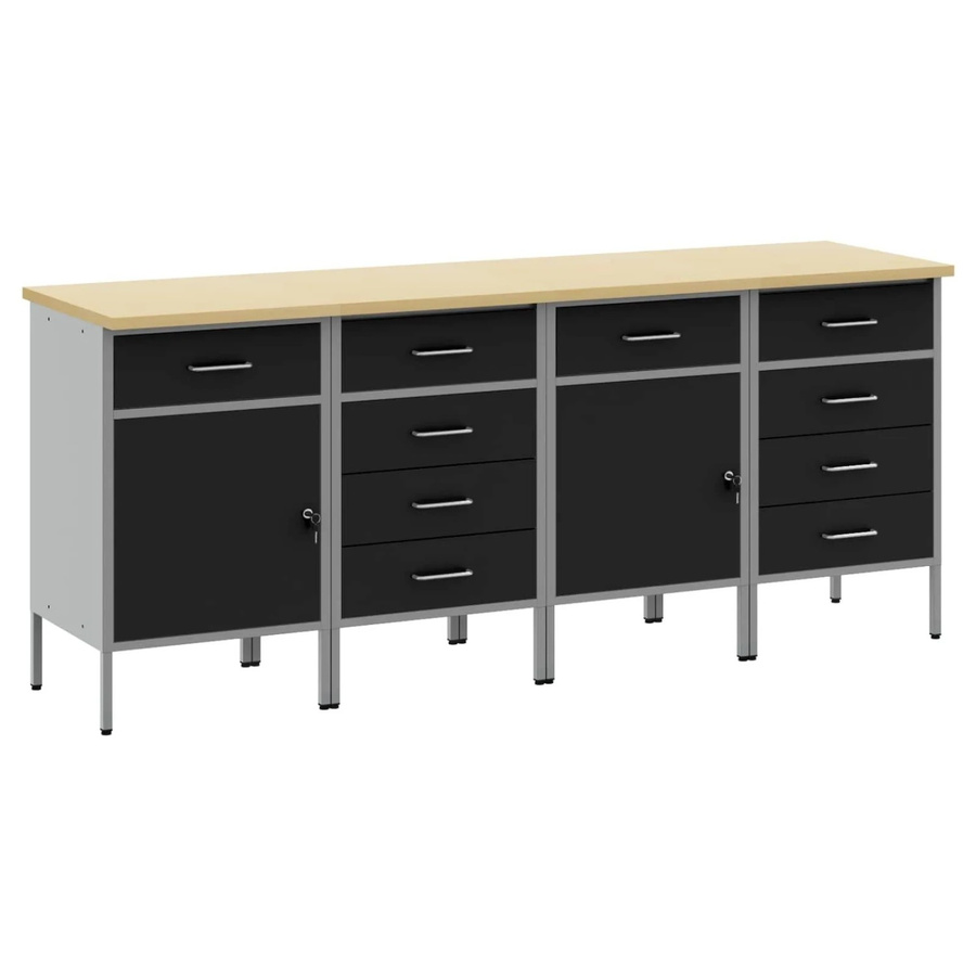 vidaXL Werkbank mit Schubladen in Schwarz und Grau, 4-teiliges Set im Loft-Stil, B/T/H: 200 x 55 x 85 cm - Bild 2