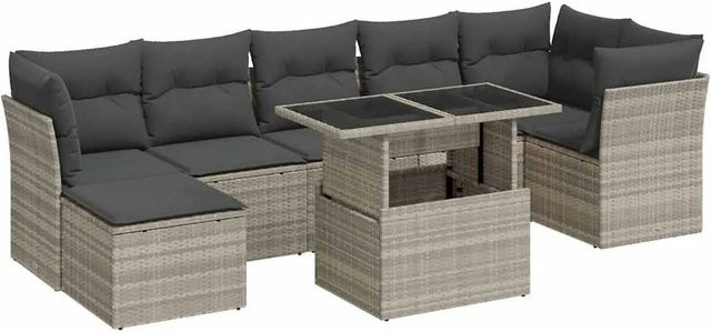 vidaXL 8-teilige Garten-Sofagarnitur aus Poly-Rattan in Hellgrau mit Kissen aus Polyester und pulverbeschichtetem Stahl - Bild 1