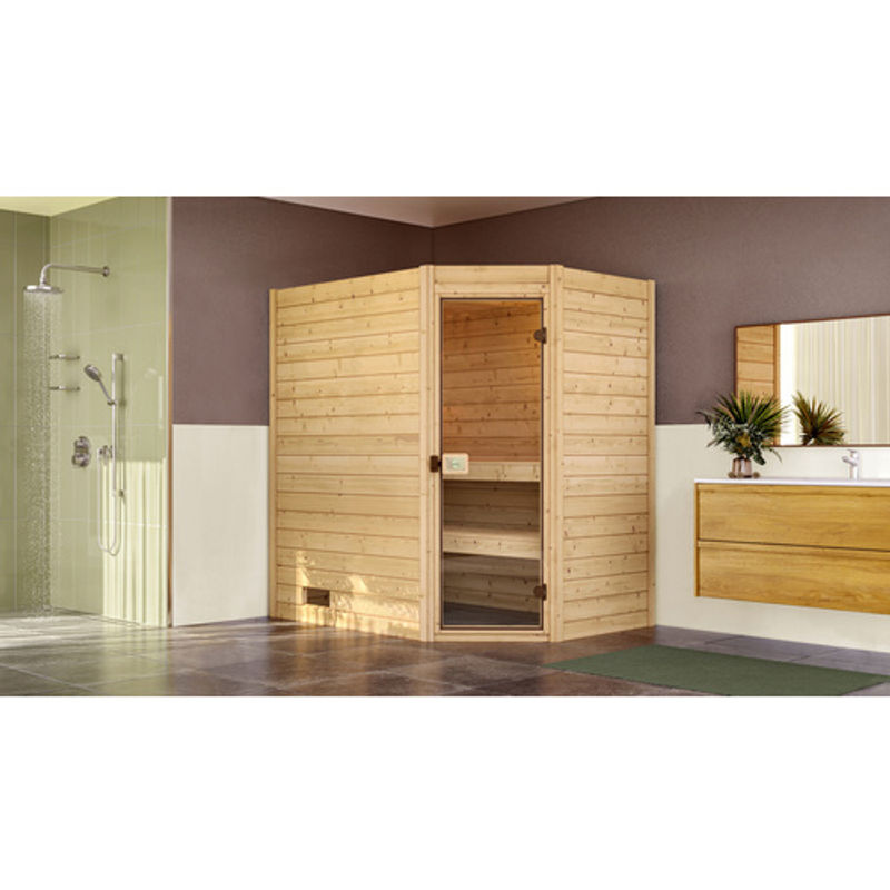 WEKA Massivholzsauna Valida Eck 1 für 4 Personen mit 4,5 kW Ofen und externer Steuerung in Braun - Bild 3