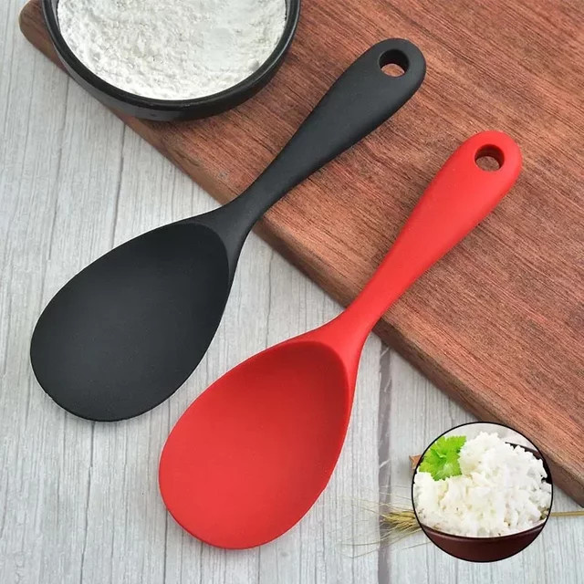 Antihaftbeschichteter Silikon-Reislöffel mit Löchern und Aufhängeschlaufe für Reiskocher, Schwarz oder Rot, Länge: 22,5 cm - Bild 1