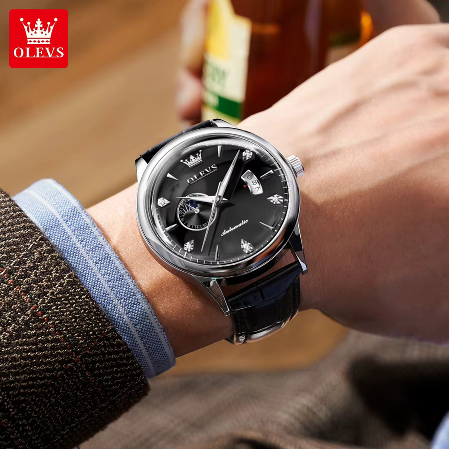 OLEVS Armbanduhr Automatik, Silber, Leder, Herren - Bild 5