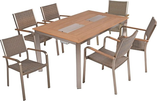 DELUKE Gartenmöbel Set FIONA 7-teilig in Braun mit Esstisch und Stapelstühlen aus Aluminium und Kunststoffgeflecht - Bild 1