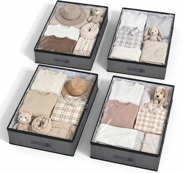 Sekey Unterbettkommode mit Deckel, transparente Aufbewahrungsbox aus Stoff, Grau, 4er Set, 90L - Bild 1