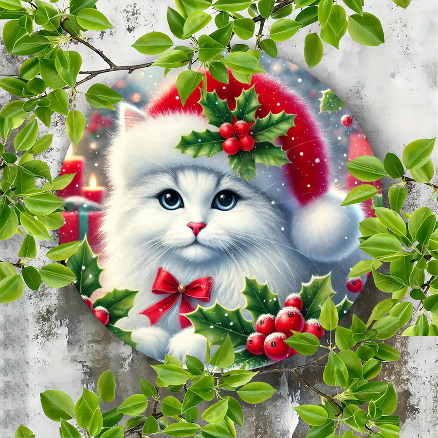 Rundes Weihnachtsschild aus Metall von Potdemiel mit Katze und Stechpalme in Weiß, Vintage-Wanddekoration, Durchmesser: 20 cm - Bild 3