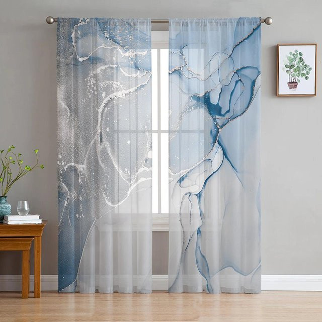 Yiran Furniture Transparente Vorhänge mit Marmor Farbverlauf in Rosa und Blau aus Organza, B: 135 cm, H: 115 cm - Bild 1