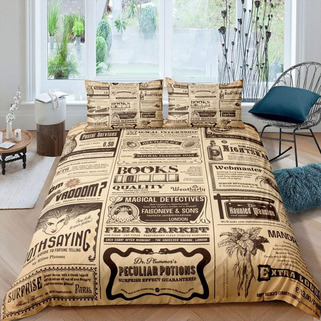 Binchi Fitness Bettwäscheset Vintage Alte Zeitung Design in Braun und Beige, Polyester Bettbezug mit Kissenbezügen, B/H: 260 x 220 cm - Bild 1