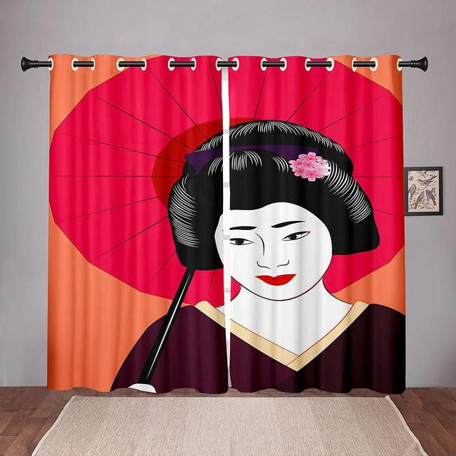 Yiran Furniture Verdunklungsvorhang Japanisches Geisha Design mit Grafik, B 55 cm x H 120 cm, Mehrfarbig - Bild 1