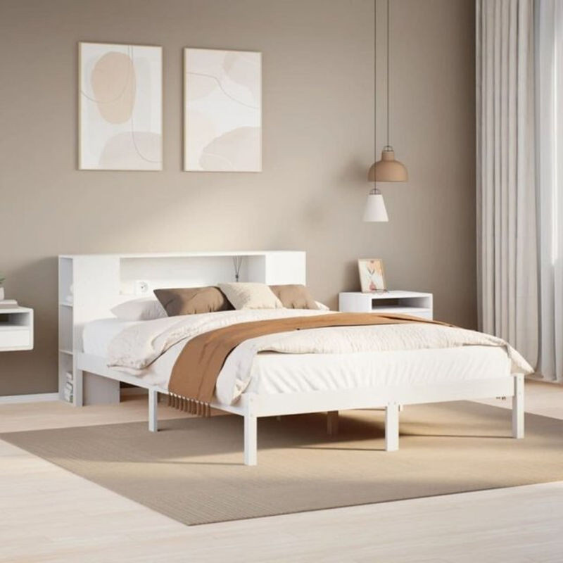 Massivholzbett Vidaxl aus Kiefer mit Regal in Weiß, B/T/H: 135 x 190 x 82 cm - Bild 1