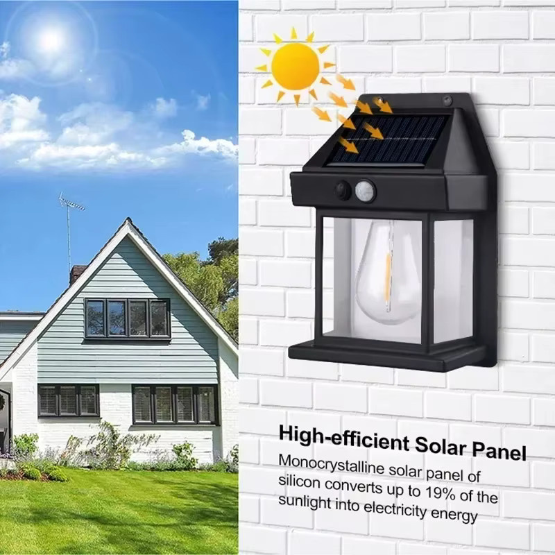 XIWANGFIRE Solar-Wolfram-Nachtlampe in Schwarz mit Bewegungsmelder und 3 Beleuchtungsmodi, wasserdichte Garten-Wandlampe mit warmweißem Licht - Bild 2