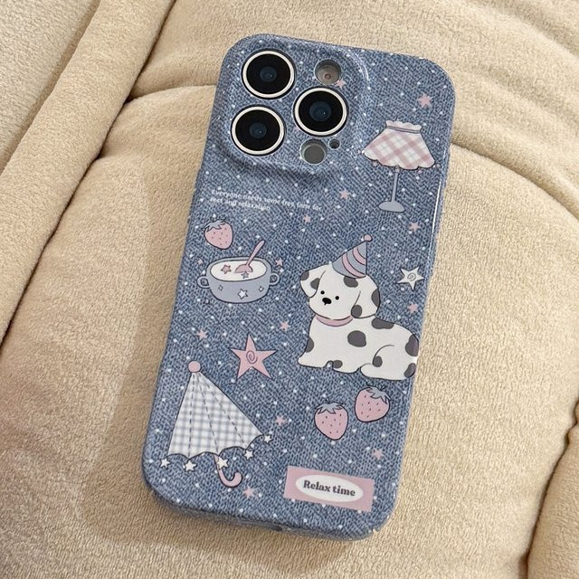 MUQGEW Stoßfeste iPhone Handyhülle mit koreanischem Denim-Muster und Cartoon-Welpen in Blau - Bild 1
