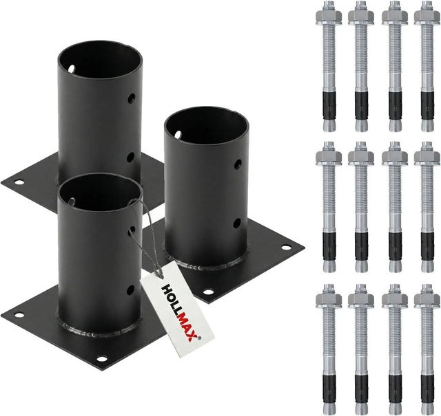 HOLLMAX Pfostenträger Set mit 3 Aufschraubhülsen 80 mm und Schwerlastankern 10 x 100 mm für Rundholzpfosten, pulverbeschichtet in Schwarz matt - Bild 1