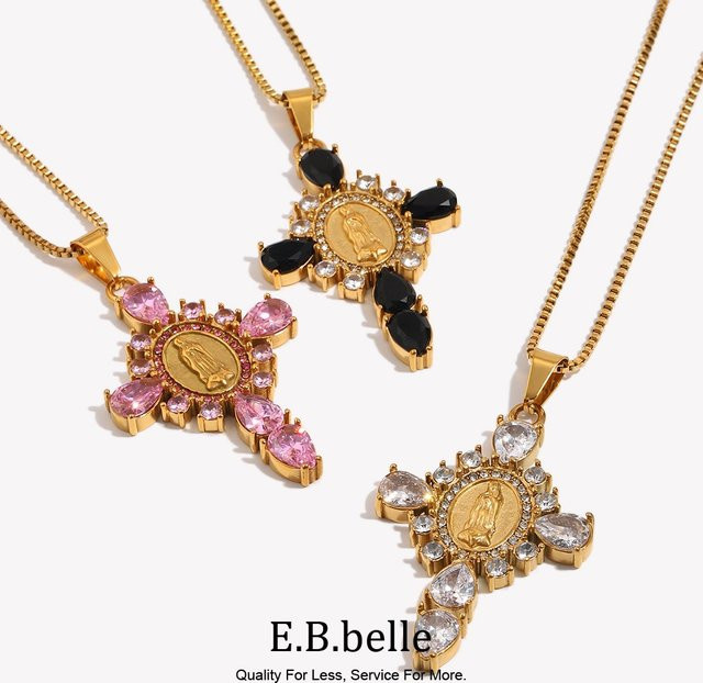 E.B.belle Halskette mit Kreuz-Anhänger, Jungfrau Maria, Edelstahl, vergoldet, Damen - Bild 1