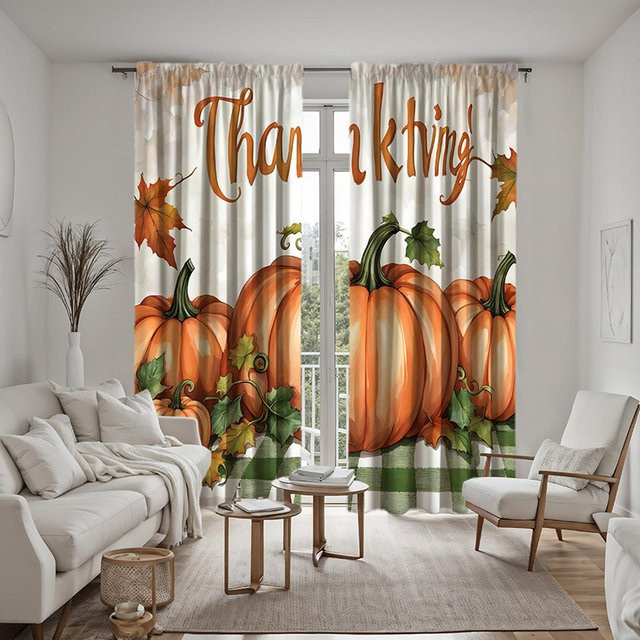 2er-Set Thanksgiving Vorhang mit orangefarbenem Kürbis-Print, halbtransparent, Weiß/Orange, B: 132 cm, H: 160 cm - Bild 1