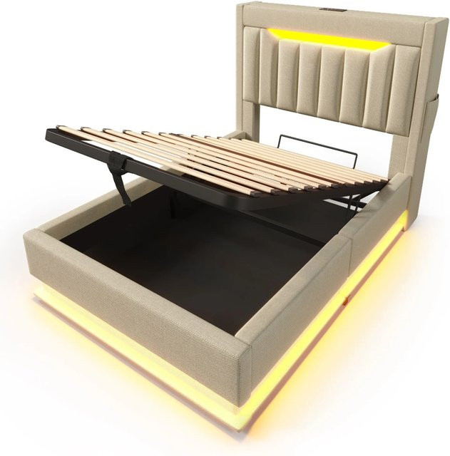 okwish Polsterbett Beige mit LED-Beleuchtung, USB-Ladeport und Stauraum, Einzelbett B/T/H: 90 x 200 x 45,5 cm - Bild 1