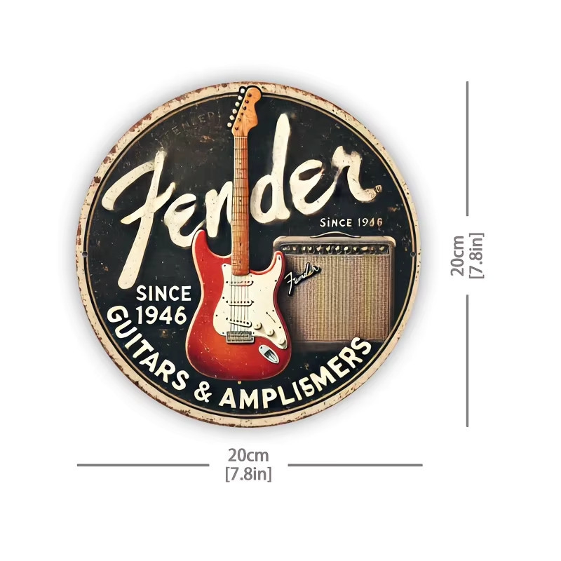 Rundes Vintage Aluminiumschild Potdemiel Fender Guitars And Sound Systems in Multicolour, Durchmesser: 20 cm - Bild 2
