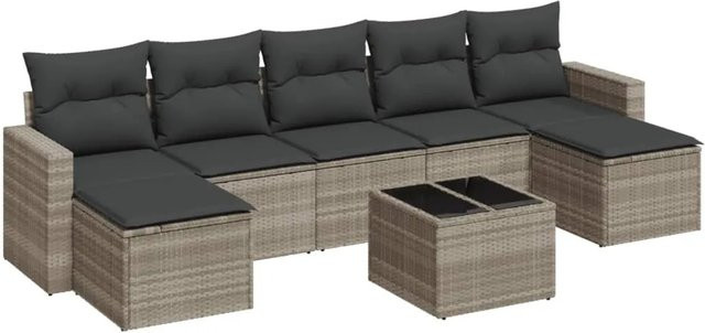 vidaXL 8-teilige Garten-Sofagarnitur in L-Form aus Polyrattan mit Kissen in Hellgrau - Bild 1