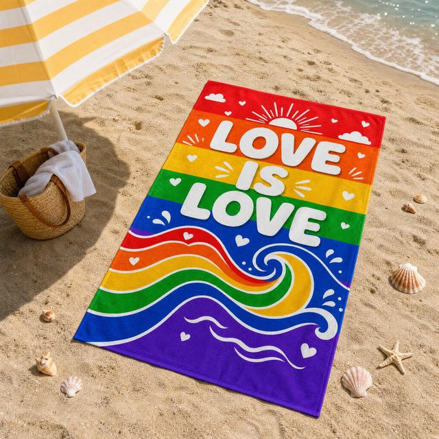 Regenbogen Pride Strandtuch von JMG Household Supplies mit Love Is Love Wellen und Herz Design, schnelltrocknendes und saugfähiges Mikrofaser Handtuch, B/B: 80 x 160 cm, Multicolour - Bild 1