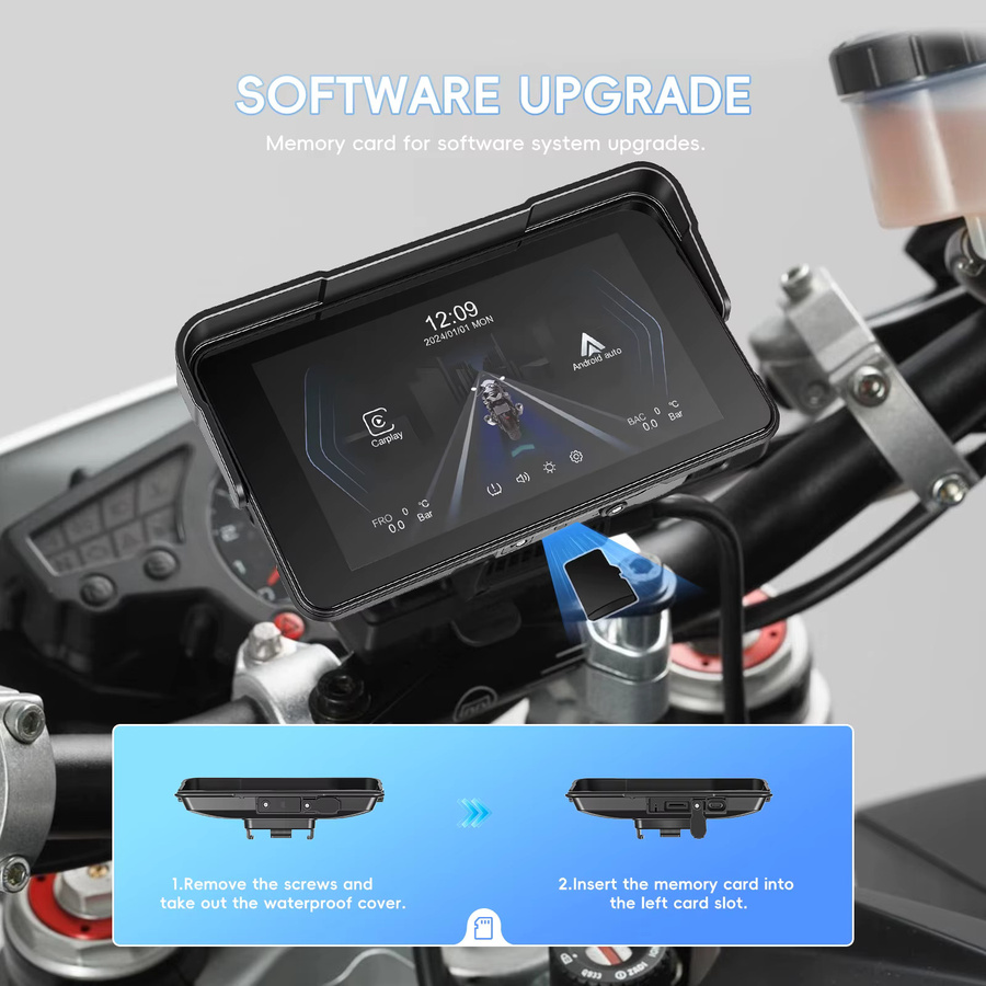 Podofo 5-Zoll Motorrad-Monitor mit kabellosem CarPlay und Android Auto, IP68 wasserdicht, GPS und Bluetooth, Farbe: Schwarz - Bild 4