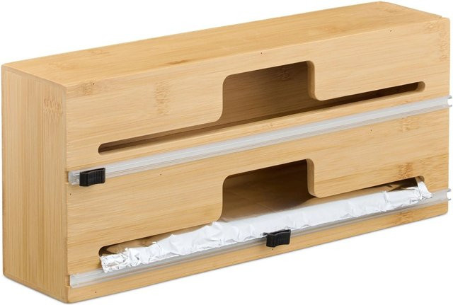 Relaxdays Folienspender aus Bambus in Natur mit integriertem Schneider, B/T/H: 14,5 x 33,5 x 8 cm, Braun - Bild 1