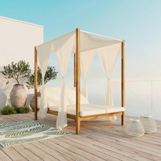 Bessagi Garden Sonneninsel Nicola aus Akazienholz in Creme mit Outdoorstoff und Sonnendach - Bild 1