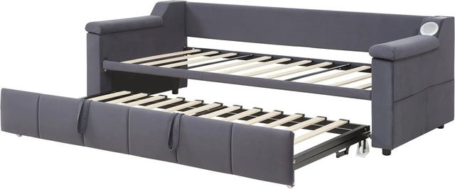 Merax Schlafsofa aus Samt in Grau mit USB-Ladeanschluss, Bluetooth und Bettablage, B/T/H: 180 x 90 x 105 cm - Bild 1