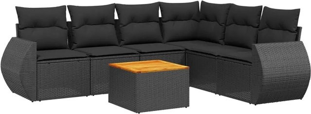 vidaXL 7-teilige Garten-Sofagarnitur in L-Form aus schwarzem Poly-Rattan mit Kissen und pulverbeschichtetem Stahlrahmen - Bild 1
