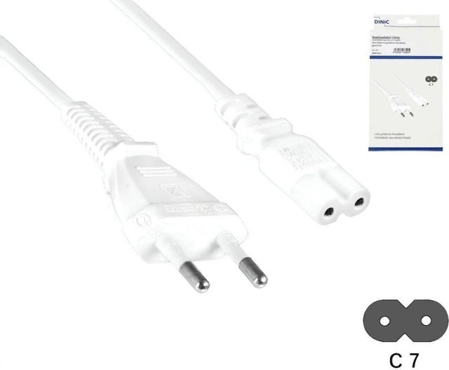 DINIC Netzkabel Eurostecker Typ C auf C7, 0,75mm², weiß, Länge: 2,00 m - Bild 1