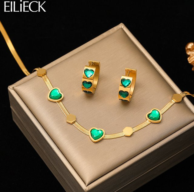 EILIECK Schmuck-Set, Edelstahl, Gold, Grüne Kristall, Damen - Bild 1