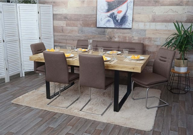 MCW Esszimmer-Set H70 in Braun mit Stoffbezug und gebürstetem Edelstahl, Breite: 160 cm - Bild 1