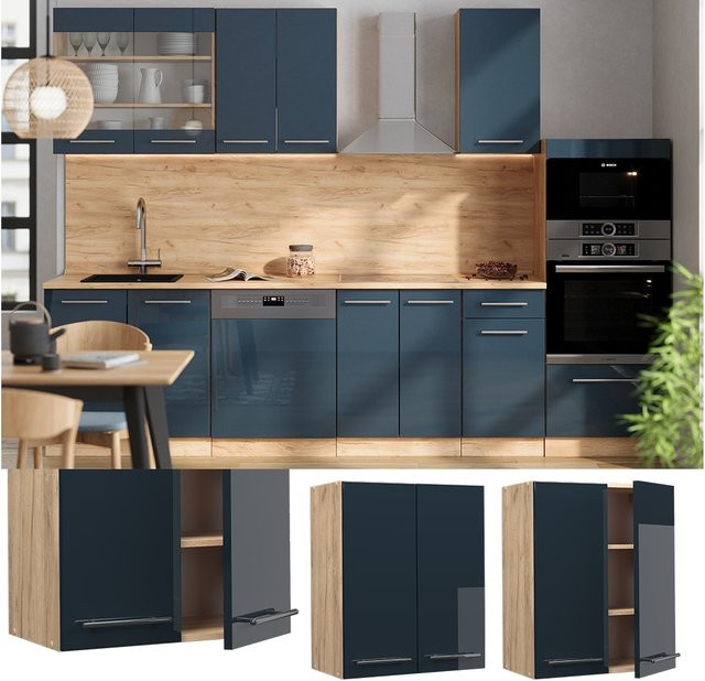 Vicco Hängeschrank Fame-Line Küche Dunkelblau Hochglanz Eiche mit Soft-Close-Scharnieren B: 60 cm, H: 72 cm, T: 34,1 cm - Bild 1