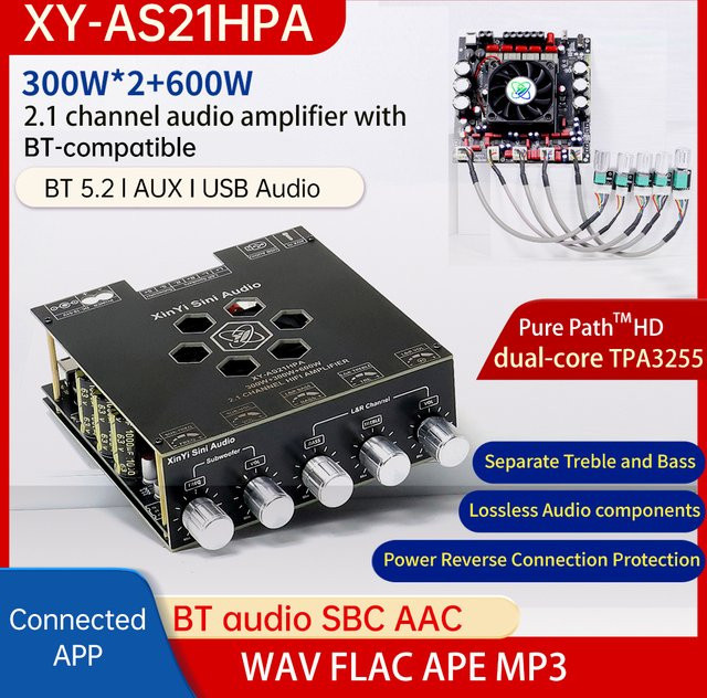 Gaqqee AS21HPA Bluetooth-Digitalverstärkerplatine 2.1-Kanal Audioverstärker in Schwarz mit 300W*2 + 600W TPA3255 - Bild 1