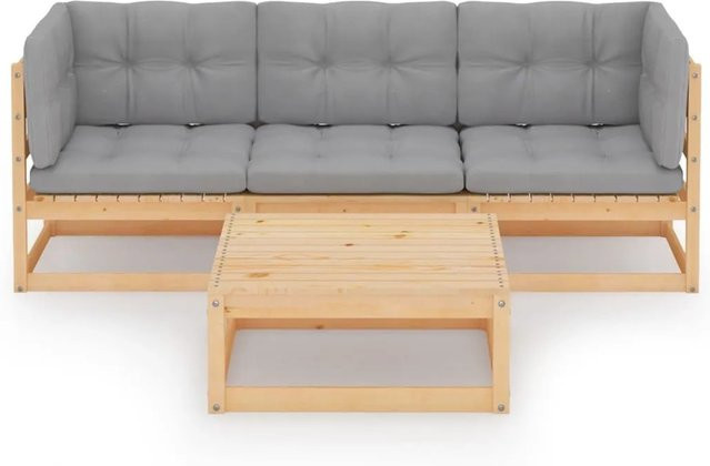 vidaXL 4-tlg Garten-Lounge-Set Modell 5 aus Kiefer Massivholz mit grauen Kissen - Bild 1