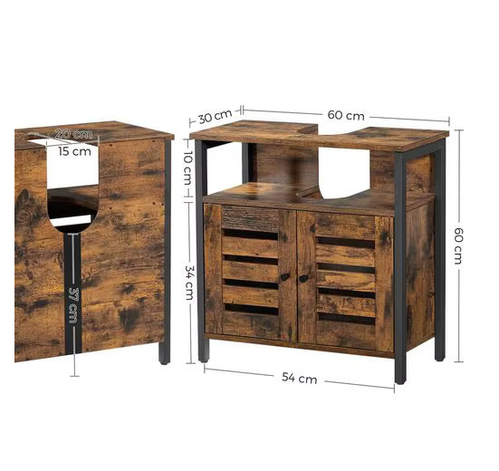 VASAGLE Waschbeckenunterschrank Badezimmerschrank im Industrial Design mit Stahlrahmen und Jalousientüren in Braun und Schwarz - Bild 5