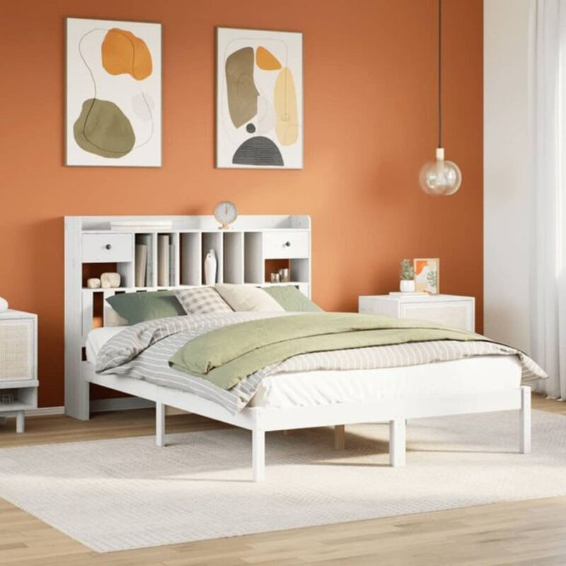 Massivholzbett mit Regal aus Kiefer in Weiß von Vidaxl, B/T/H: 140 x 200 cm - Bild 1