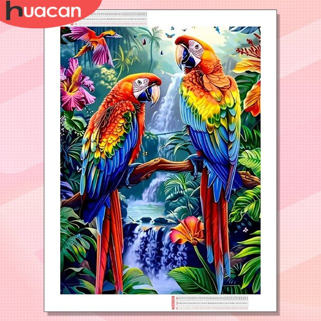 HUACAN Diamantmalerei Mosaik-Set Papagei mit Wasserfall-Motiv, Mehrfarbig, B: 30,0 cm, H: 20,0 cm - Bild 1