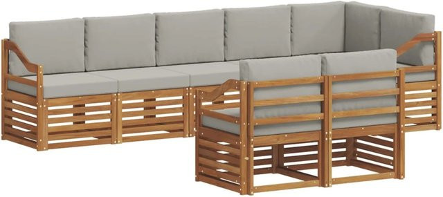 vidaXL Sofagarnitur 8-teilig L-Form aus Massivholz Akazie in Natur und Hellgrau mit Polsterung und Kissen - Bild 1