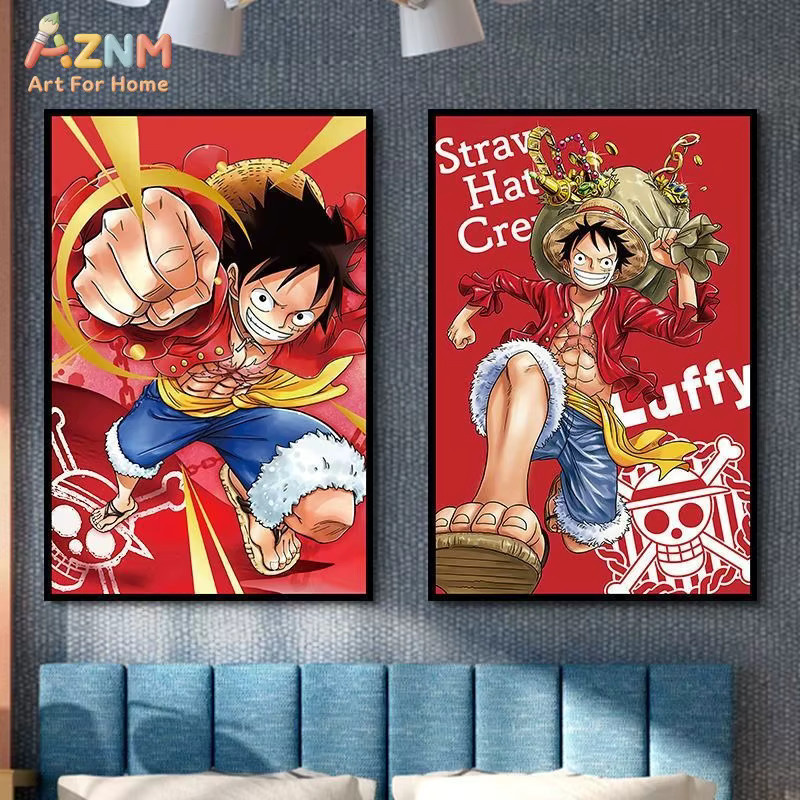 AZNM One Piece Monkey D. Luffy Leinwand-Wandkunst, rahmenlose Anime-Actionfigur-Dekoration in Rot und Multicolour - Bild 1