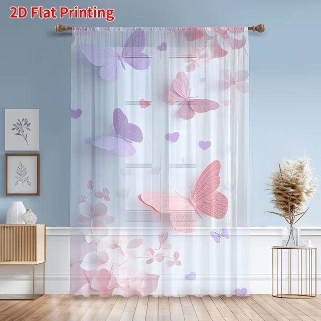 WEN-july 2er-Set transparente Vorhänge mit Schmetterlings- und Herzmotiven in Rosa und Lila, Fenstergardinen für das Mädchenzimmer, B/H: 100 x 130 cm - Bild 1