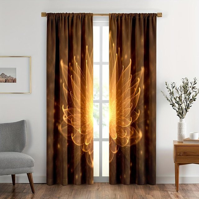 2er-Set halbtransparente Vorhänge mit goldenem Blumendruck in Braun, B: 150 cm, H: 166 cm - Bild 1