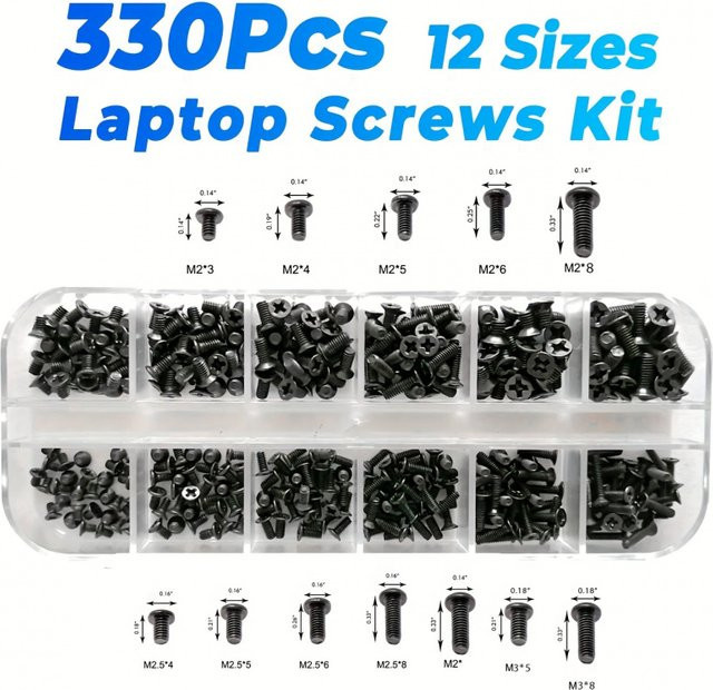 BOVILEVR Laptop-Schrauben-Set in Schwarz mit 12 Größen für M2, M2,5 und M3 zur Reparatur von Lenovo, HP, Dell, Acer, Asus, Samsung und Toshiba Notebooks sowie SSD und HDD - Bild 1