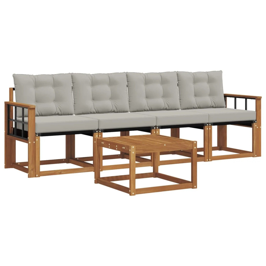 vidaXL Outdoor-Sofagarnitur aus Akazienholz und Textilene in Natur und Hellgrau, 5-teiliges Set mit Kissen und Tisch - Bild 2