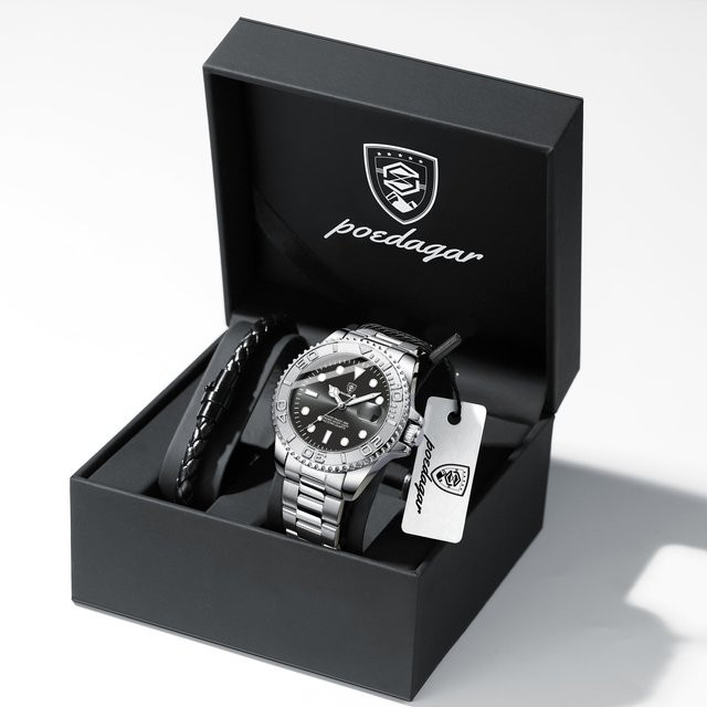 POEDAGAR Armbanduhr Edelstahl, Quarz, Datum, Schwarz, Herren - Bild 1
