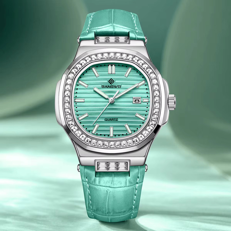 BANGWEI Armbanduhr, Quarz, Tonneau, Diamantbesetzt, Leder, Damen - Bild 2
