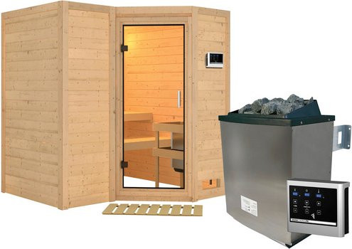 Karibu Sauna Riga 1 aus Fichte mit 9 kW Saunaofen und externer Steuerung für 3 Personen, beige, B/T/H: 184 x 209 x 193 cm - Bild 1