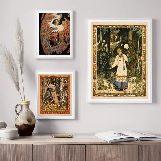 Potdemiel Kunstdruck Baba Yaga Alte Hexe Illustration im Art Nouveau Stil, Mehrfarbiges Wandbild Slawische Volksmärchen nach Ivan Bilibin - Bild 1
