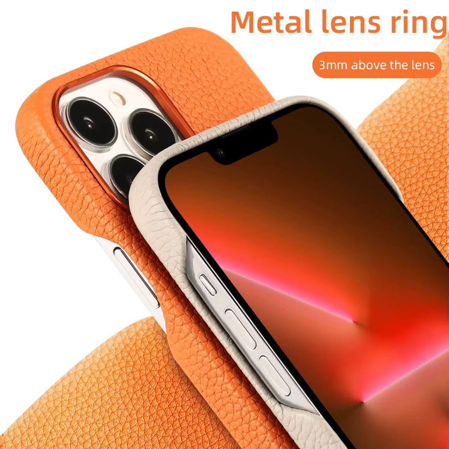 MagSafe Handyhülle aus natürlichem Rindsleder mit Metallrahmen für iPhone 13 Pro Max, iPhone 13 Pro und iPhone 13 Mini von LANGSIDI in Rot und Orange - Bild 3