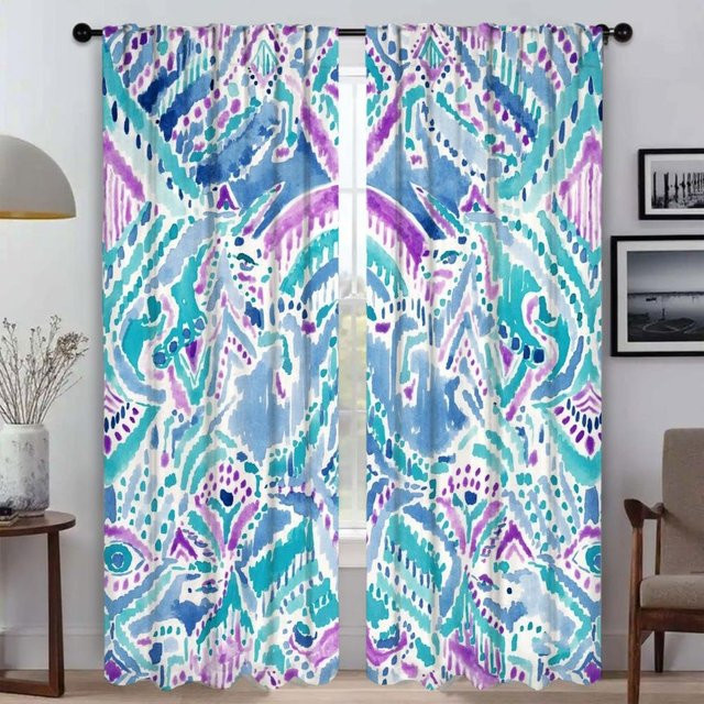 2er-Set Küchenvorhänge mit Aquarell-Blumenmuster aus Tüll, halbtransparent, Mehrfarbig, Breite: 50 cm, Höhe: 70 cm - Bild 1