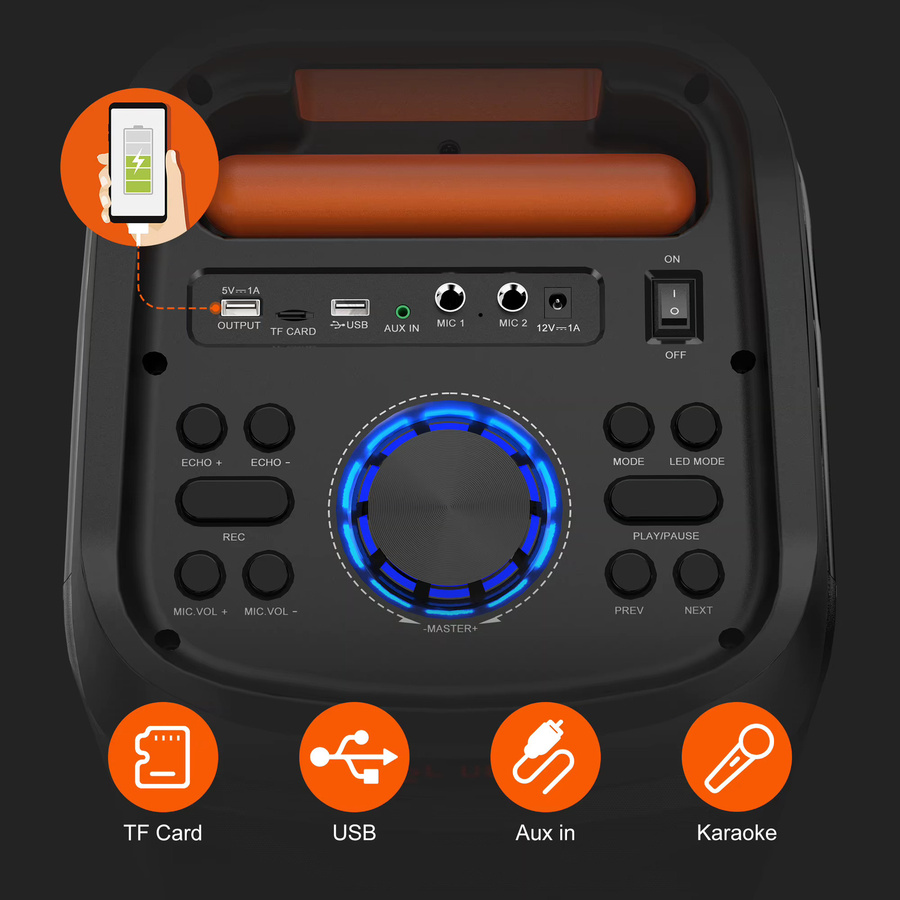 FanFun T9 Karaoke-Maschine mit 2 kabellosen Mikrofonen und Disco-Lichtern, tragbarer Bluetooth-Lautsprecher in Schwarz - Bild 4
